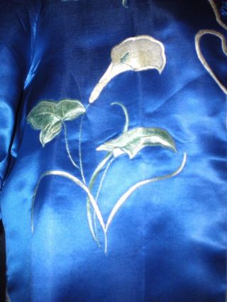 Antique Chinese Royal Blue Silk Jacket/Robe Embroidered w/White Calla Lilies 7
