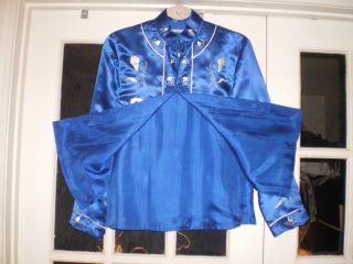 Antique Chinese Royal Blue Silk Jacket/Robe Embroidered w/White Calla Lilies 8