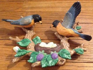 Vintage Ceramic Bisque 2 Robins On Branch With Nest & Eggs Wall Plaque