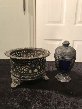 Antique Pncw Silverplated Wine Caddy & Cobalt Blue Glass Candy Dish - Pair -