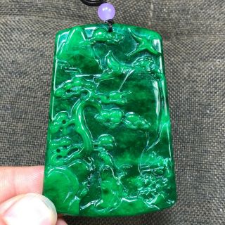 Chinese Green Jadeite Jade Handwork Collectible Landscape Plaque Rare Pendant