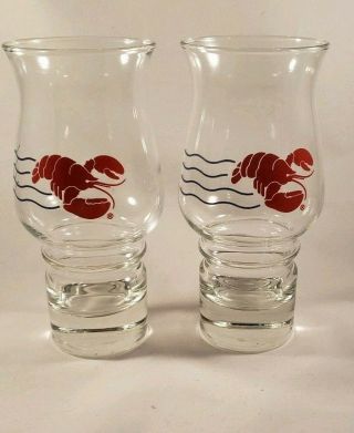 2 Vtg Red Lobster With Blue Waves Hurricane Drinking Glass Nautical Beach Ocean