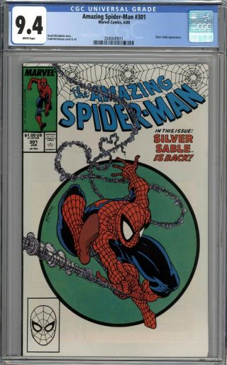 Spider - Man 301 Cgc 9.  4 Nm Silver Sable Appearance White Pages