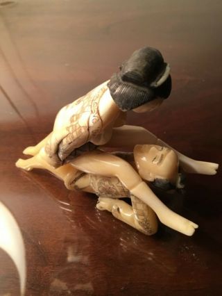 Detailed Hand Carved Japanese Bovine Bone Netsuke Nudes Man & Woman