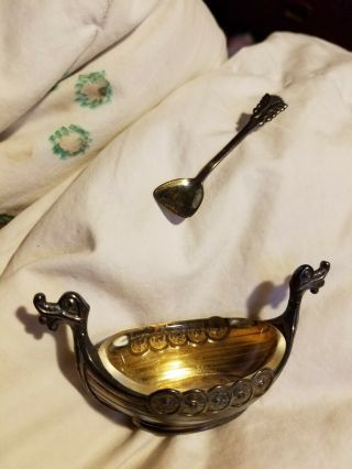 Antique Sterling Silver Norway Viking Ship Glass Insert Spoon