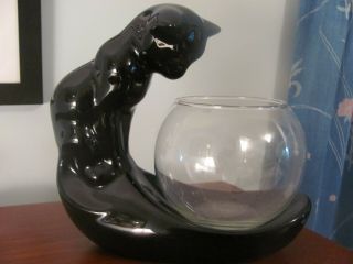 Vtg Ceramic Black Cat Figure Looking At Fishbowl,  Made By Vandor,  1982