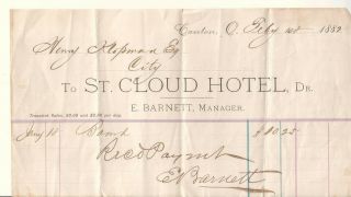 1882 Payment Receipt E Barnett Mgr St Cloud Hotel Canton Ohio Henry Klopan Esq