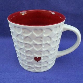 Starbucks 2007 White Embossed Red Heart 16oz Coffee Cup Mug Red Interior Euc