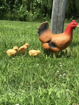 14 " Vtg Chicken Hen & 3 Chicks Blow Mold Yard Lawn Garden Decor Farm Animals