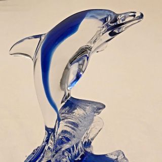Jumping Dolphin Porpoise Glass Figurine On A Waves Base Cobalt Blue And Clear