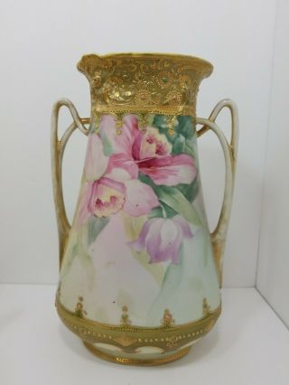 Antique Japan Nippon Vase Porcelain 2 Handled 9 Inch Gold Jeweled Pink Flower