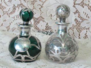 (2) Vintage Sterling Silver Overlay Green & Clear Glass Perfume Bottle Bottles