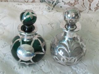 (2) Vintage Sterling Silver Overlay Green & Clear Glass Perfume Bottle Bottles 2