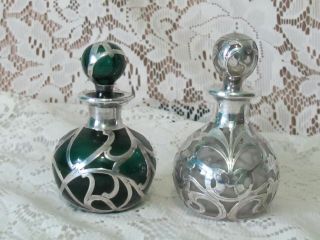 (2) Vintage Sterling Silver Overlay Green & Clear Glass Perfume Bottle Bottles 3