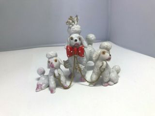 Vintage Porcelain Spaghetti Pink Poodle W/ 2 Puppies On A Chain Japan.