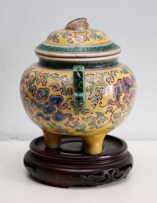 Antique Chinese Imperial Yellow Porcelain Tripod Lidded Pot,  Deer Handle & Seal 3