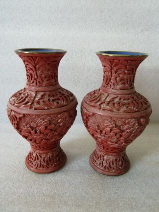Antique Chinese Cinnabar Lacquer Hand Carved Vases 5”