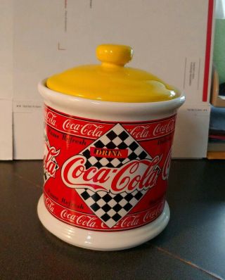 1995 - Drink Coca - Cola Vintage Ceramic Canister Cookie Jar With Yellow Lid
