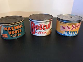 Set Of 3 Vintage Coffee Tins - Daily Delight,  Boscul,  & Maxwell House