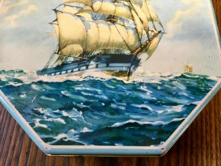 Vintage ' 40s/ ' 50s GRAY DUNN Schooner Ship Painting Octagonal Biscuit Tin England 3