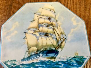 Vintage ' 40s/ ' 50s GRAY DUNN Schooner Ship Painting Octagonal Biscuit Tin England 4