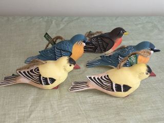 Hand Painted Wood Bird Ornaments: Finches,  Bluebirds,  Robin