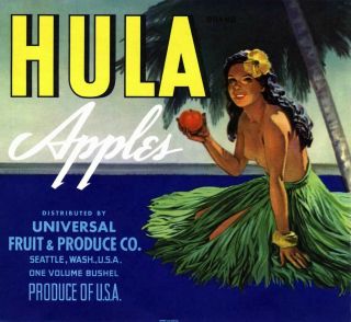 Hula Apples 1950 Vintage Fruit Crate Label Seattle Washington Hula Girl