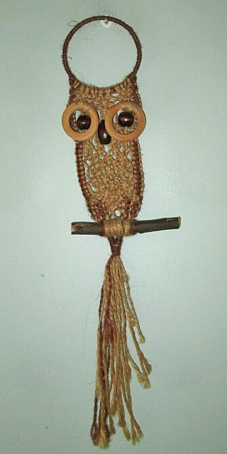 Vintage Boho Macrame Owl Wall Hanging Jute Wood Decor 16 "