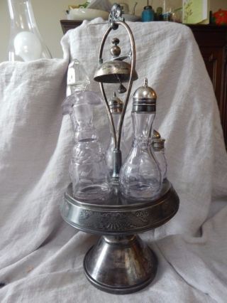 Vintage / Antique Silver Plate Cruet / Condiment Set With 5 Cruets And Bell 16 "