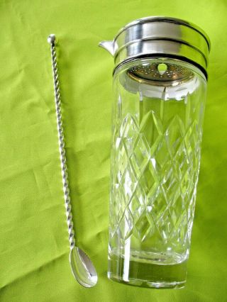 Old Vintage Cut Glass & Silver Plate Cocktail Martini Drinks Mixer And Spoon