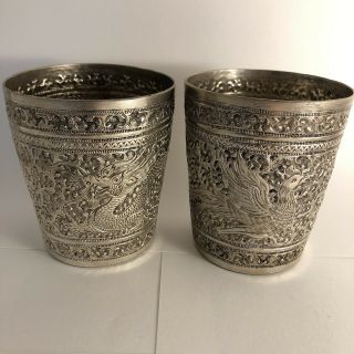 Two Vintage Old Chinese Export Silver Cups Dragon Phoenix Usa Priority Ship