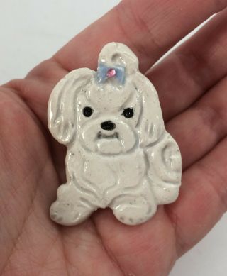 Maltese Dog Pin Brooch Jewelry Sculpture Painting Hand Made Art Ooak