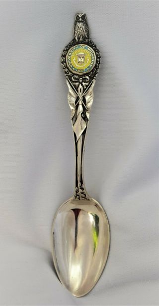 Enameled Univeristy Of Michigan George Waller Owl Sterling Silver Souvenir Spoon