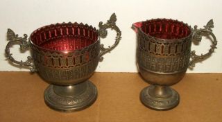 Art Nouveau Silver Plate Sugar Bowl & Creamer Set With Cranberry Glass Liners