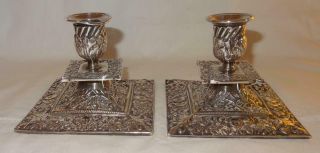 Unusual Pair Antique Silver Plated Squat Candlesticks In 18th Century Style