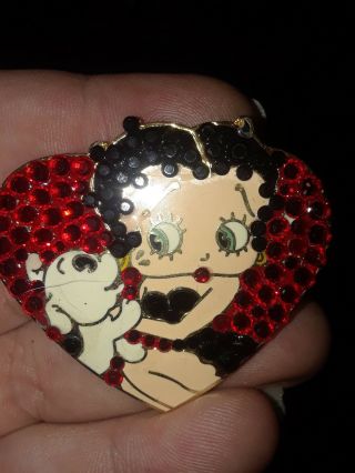 Betty Boop Heart Pudgy Dog Black Dress Pin Gold Plate Enamel Rhinestone