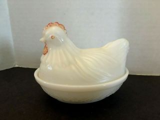 Vintage Hazel Atlas Milk Glass Chicken Hen On Nest Covered Dish Red Comb 4 1/2 "