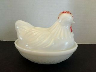Vintage Hazel Atlas milk glass chicken hen on nest covered dish red comb 4 1/2 