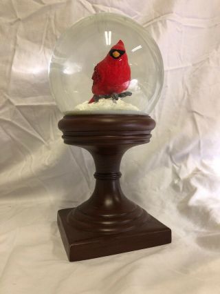 Large Woodland Water Globe Cardinal Bird With Snow On Pedestal 11 "