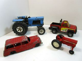 4x Vintage Metal Toy Vehicles: Tonka Truck,  Tractor,  Hubley Red Studebaker