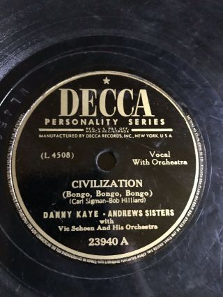 Andrews Sisters Danny Kaye Civilization 78 Record Decca 23940 Vg,  Fallout