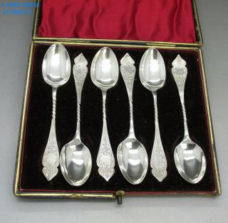 Antique Pretty Cased Set 6 Solid Sterling Silver Bright Cut Coffee Spoons 1901