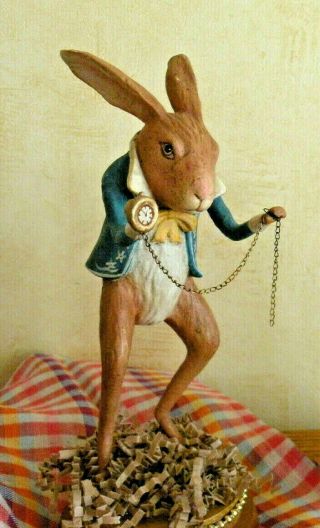 Angry Rabbit Artisan Figurine Ooak Bunny W/ Pocket Watch & Gold Beaded Base 9 "