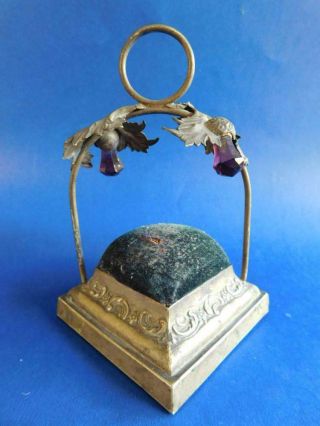 Gorgeous Ep Silver Hat Pin Cushion Stand With Amethyst Scottish Thistles Hatpin