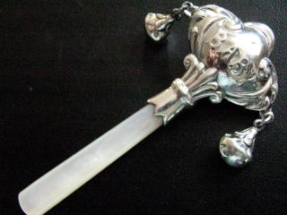 Sterling Silver Mother Of Pearl Baby Rattle Victorian Arrival Christening Gift
