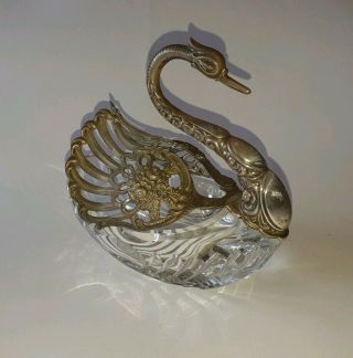 Vintage/antique Sterling Silver Cut Glass Figural Swan Bowl/dish Salt Cellar 7 "