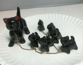 Vintage Black Ceramic Cat And 6 Kittens On Chains Japan Figurines