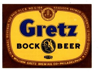 1930s Gretz Brewing Co,  Philadelphia,  Pennsylvania Gretz Bock Beer Irtp Label