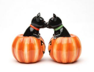 Cute Black Cat In Pumpkin Salt And Pepper Shakers.  Magnetic Attached.  Halloween
