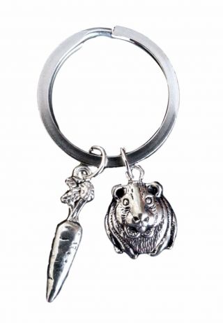 Guinea Pig And Carrot Charm Keyring Silver - All Proceeds To Gp Rescue